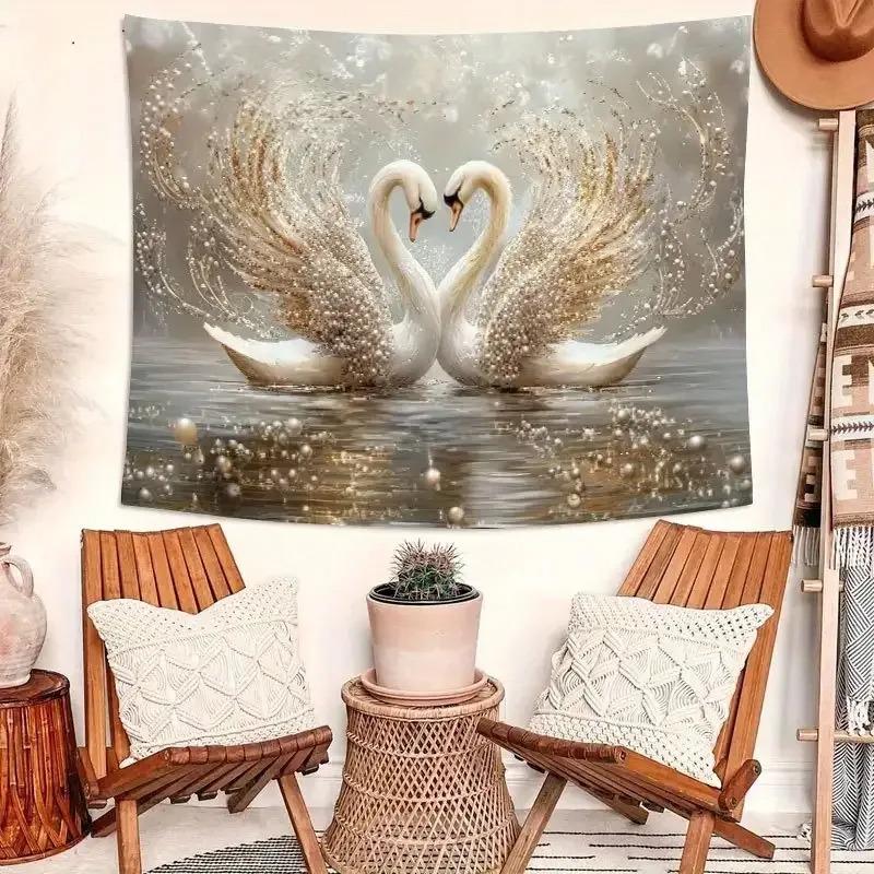1 Zauberhafter Schwan - Elegante Weiße Schwäne mit Goldenen Flügeln, Wandkunst mit Ruhiger Wasserszene, Polyester-Stoff