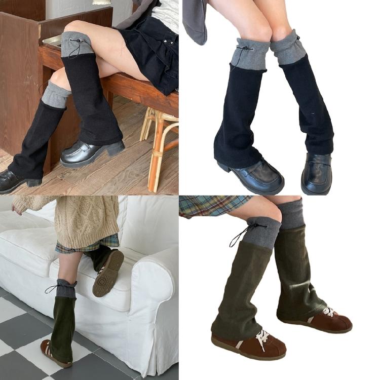 Harajuku Women Leg Warmers Contrast Color Drawstring Knee High Socks Streetwear