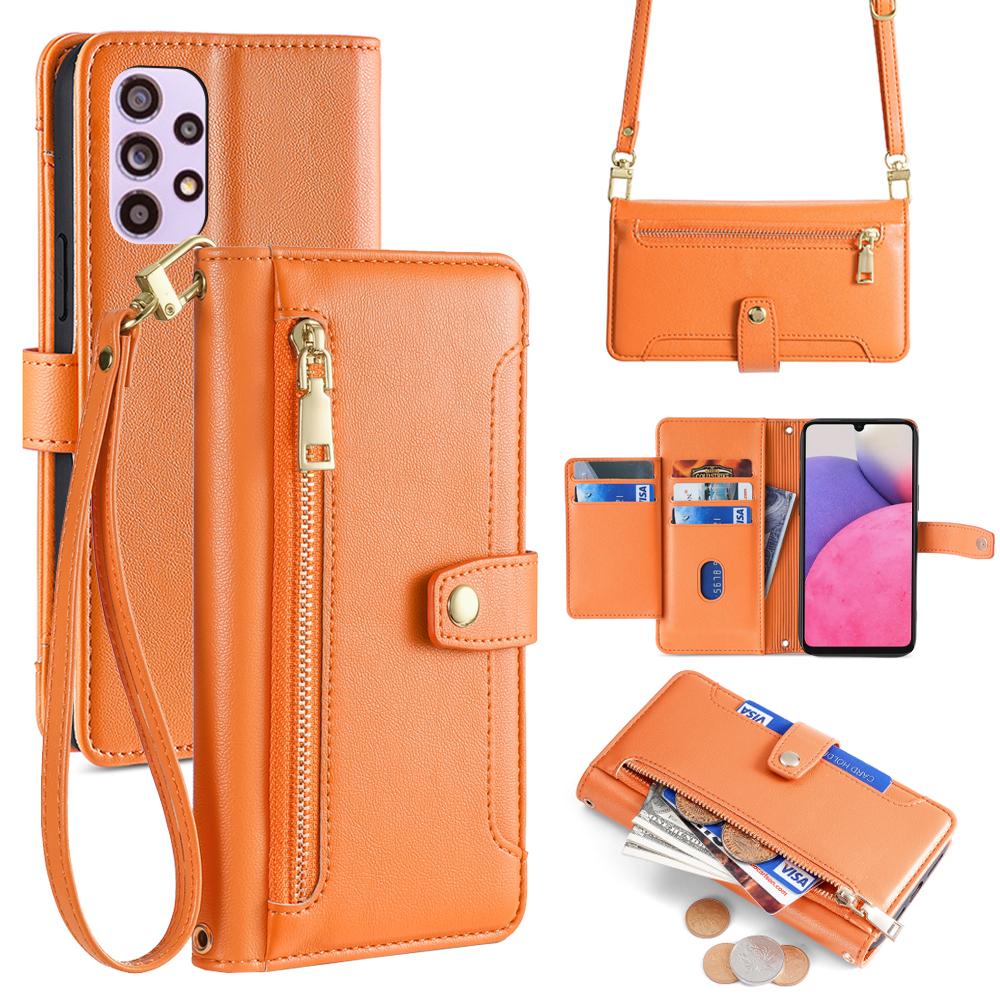 

For Samsung Galaxy A33 5G Case Zipper Pocket Stand Phone Cover with Shoulder Strap B