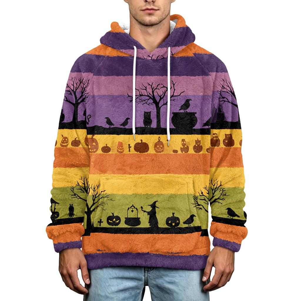 Men's Fall Winter Halloween Print Plus Size Hooded Flannel Sweatshirt Casual Trendy Streetwear