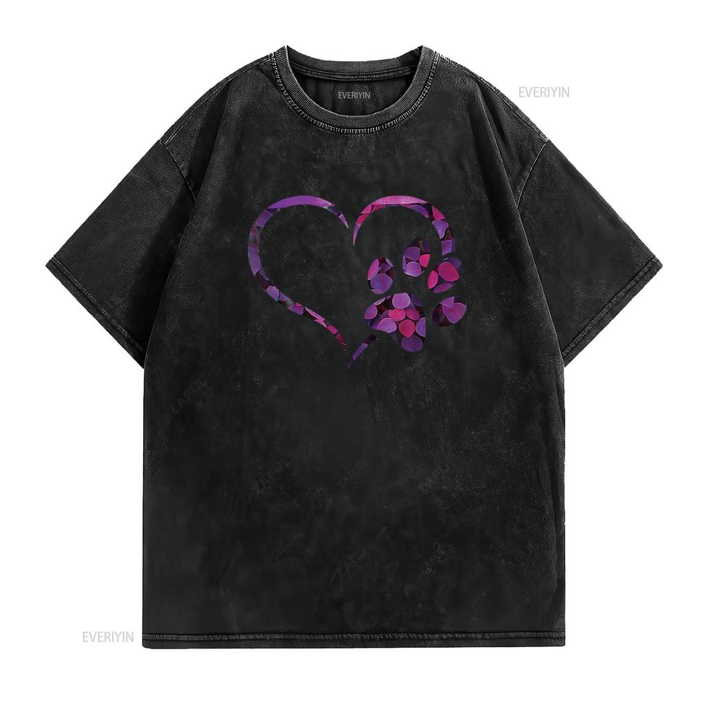 Floral Violet Purple Dog Cat Paw Print Heart Puppy Women S T Shirt with Personality Cute Tops for Vintage Washed