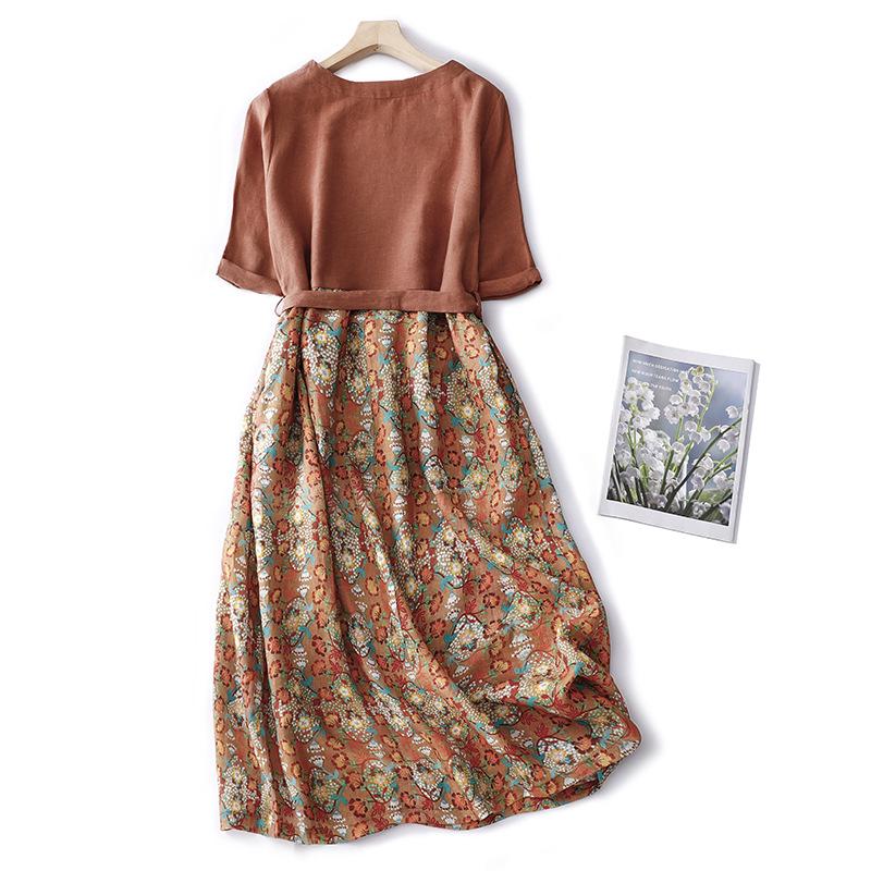 2023 Plus Size Retro Floral Cotton-Linen Dress: Women's Summer Long Skirt
