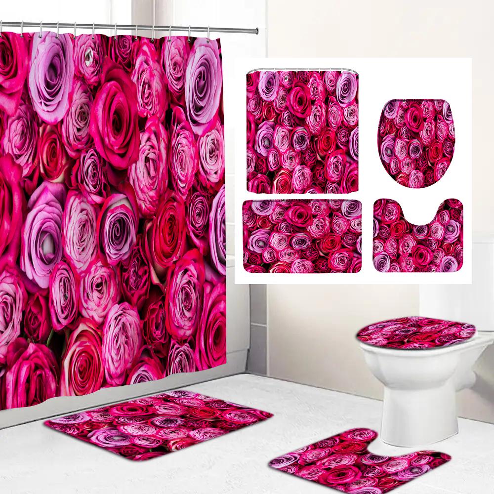 

Beautiful Rose Fabric Shower Curtain Red Flowers Bathroom Curtains Pedestal Rug Toilet Lid Cover Non-Slip Carpet Bath Mats Rugs W60H190(CM)-1 Pcs