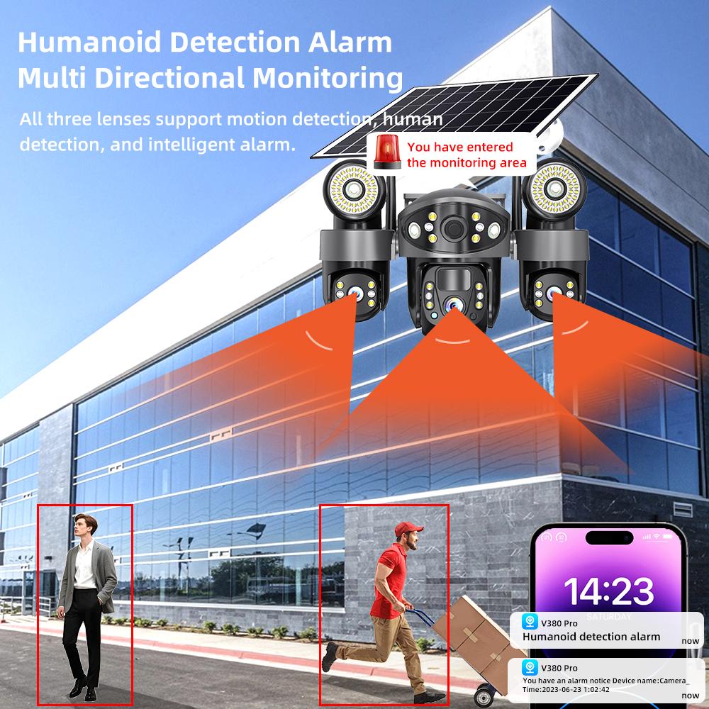 4G/WIFI Solar-powered Security Camera, Triple Lens, Triple Screen, Full-color Night Vision, Motion Detection, Wireless Monitoring
