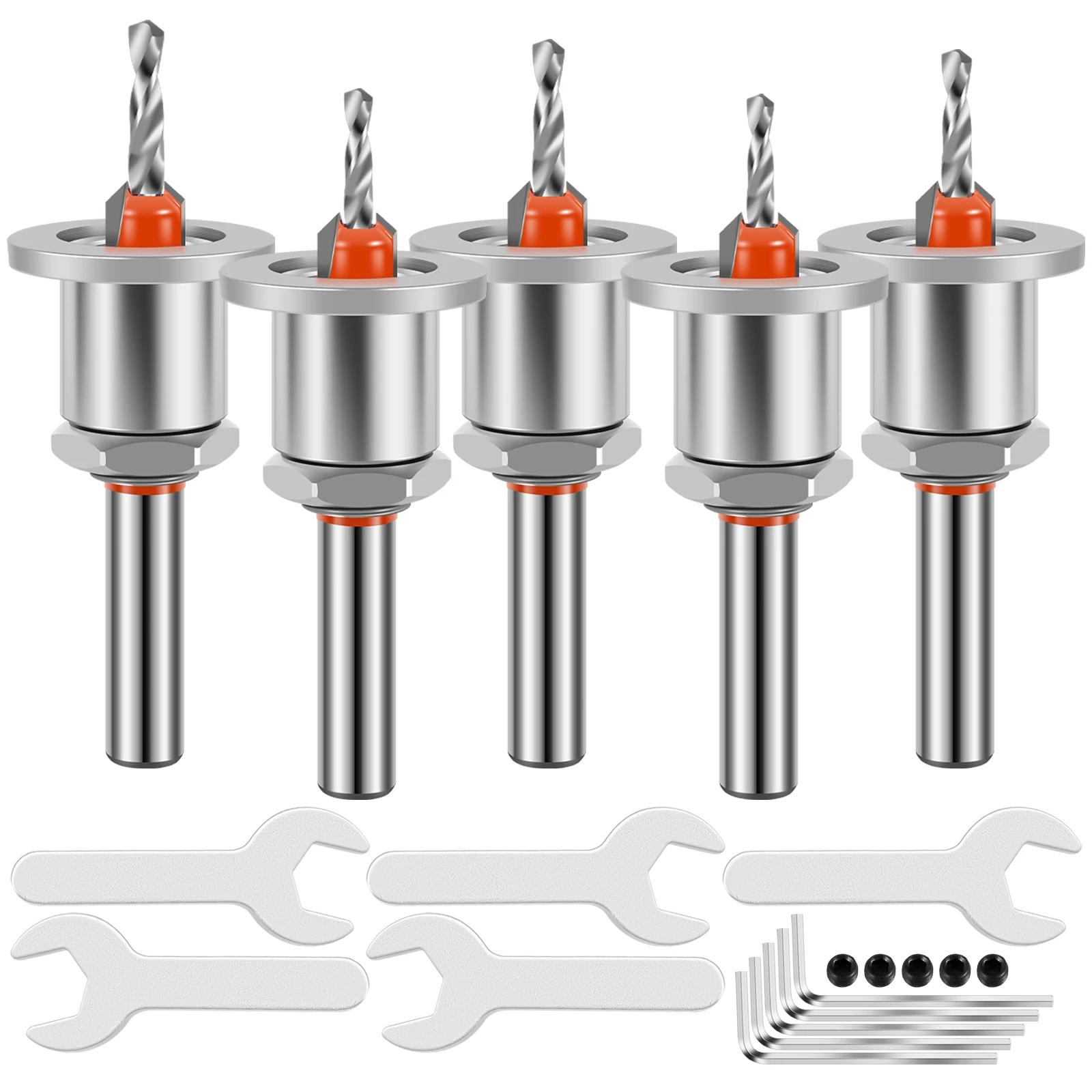 

Набор из 5 сверл-зенкеров, регулируемое сверло для отверстий под зенкер, набор инструментов для деревообработки и зенкерования по металлу с 5 ключами коричневый
