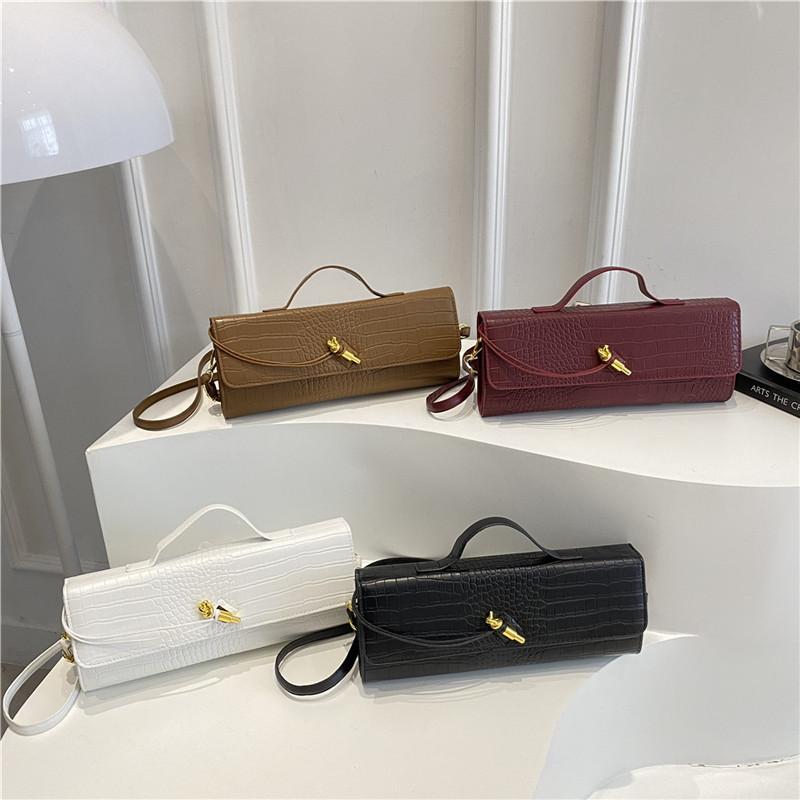 Solid color crocodile pattern dinner bag new baguette bag diagonal lock horizontal handbag shoulder messenger bag women's bag