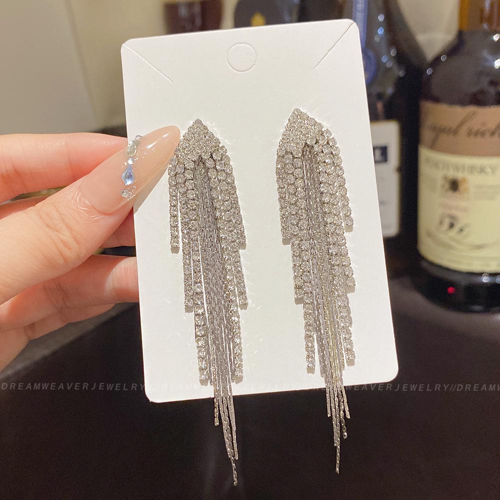 925 Sterling Silver Full Diamond Tassel Earrings – High-End European & American Style, Super Shiny, Luxurious Ear Jewelry for Women.