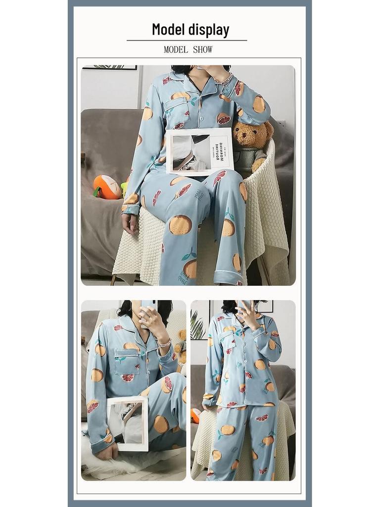 Middle-Aged Mom Long Sleeve Pajamas - Green Plant Series Cardigan, Loose Plus Size Home Set for Women, Spring/Autumn.