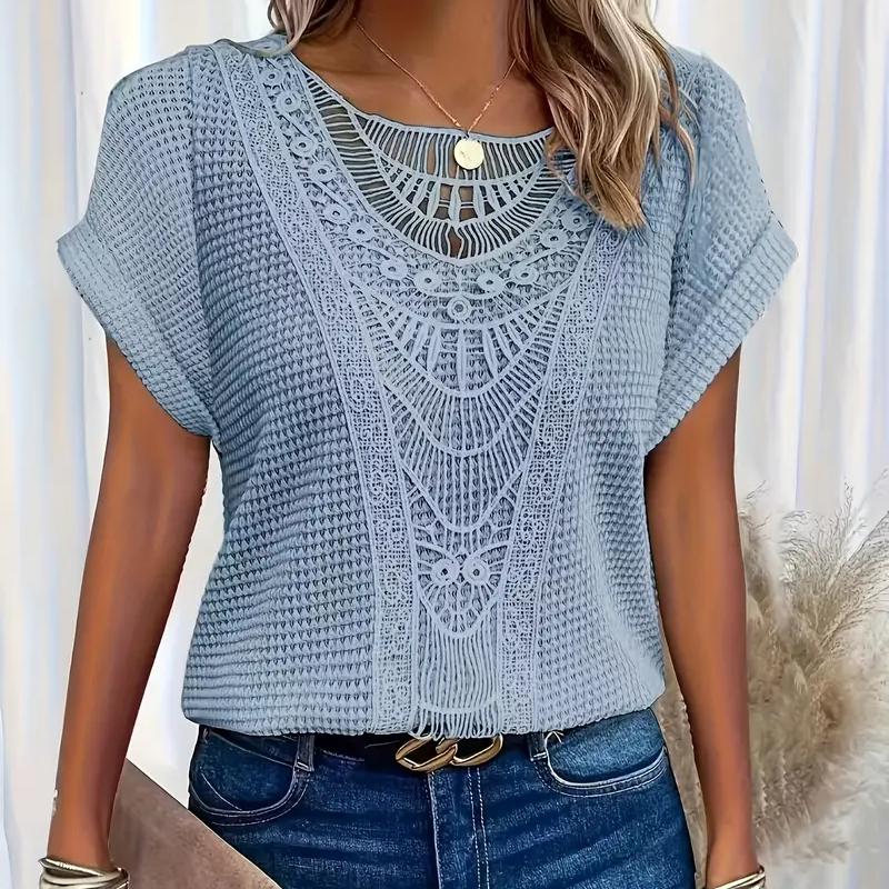 Lace Splicing Crew Neck T-shirt Casual Short Sleeve Top for Spring & Summer Women's Clothing
