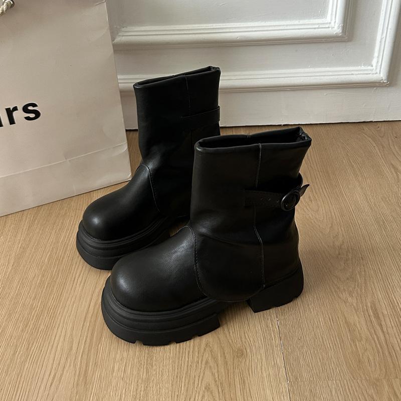 Fashion Retro Thick Bottom Pleated Wrinkled Women Ankle Boots Height Increase Versatile Casual Women Shoes Solid Thick High Heeled Botas