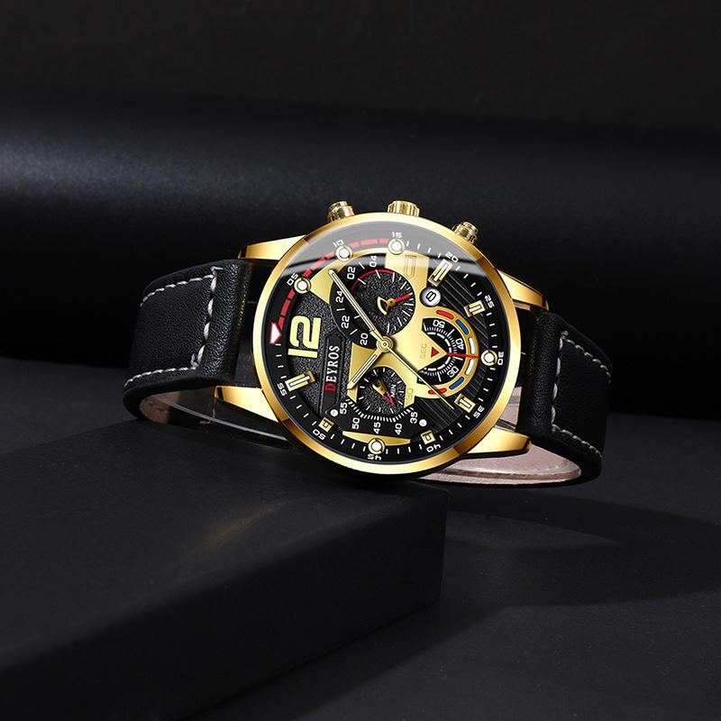 3PCS Set Men  Luxry Classic Watches Leather Watch Band Round Wrist Watch for Male Wristwatch Bracelet Necklace Man Gift