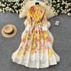 Spring Autumn Women Vintage Print Lace-up Collar Single Breasted Long Maxi Holiday Party Dresses with Belt