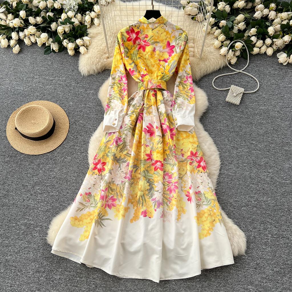 Spring Autumn Women Vintage Print Lace-up Collar Single Breasted Long Maxi Holiday Party Dresses with Belt
