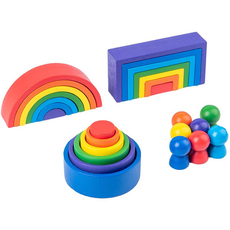 

3 In 1 Small Wooden Rainbow Stacker Nesting Puzzle Blocks Stacking Game Preschool Educational Toys For Toddlers Kids