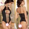 Bodysuit Mesh Cross Crotchless Sexy Fun Clothing Women Halter Lace Up Nightdress Sleepwear