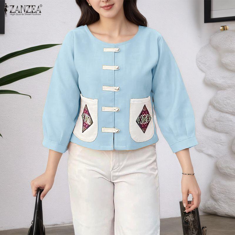 ZANZEA Women Casual Round Neck Patchwork Loose Summer 3/4 Sleeve Blouse
