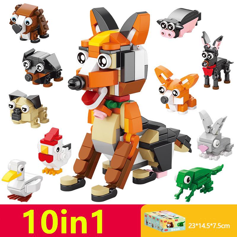 10in1 Cute Animals Fox Koala Dog Insect Turtle Dinosaur Ostrich Goldfish Fish Tank Bird Building Blocks Kit Model Toy Children