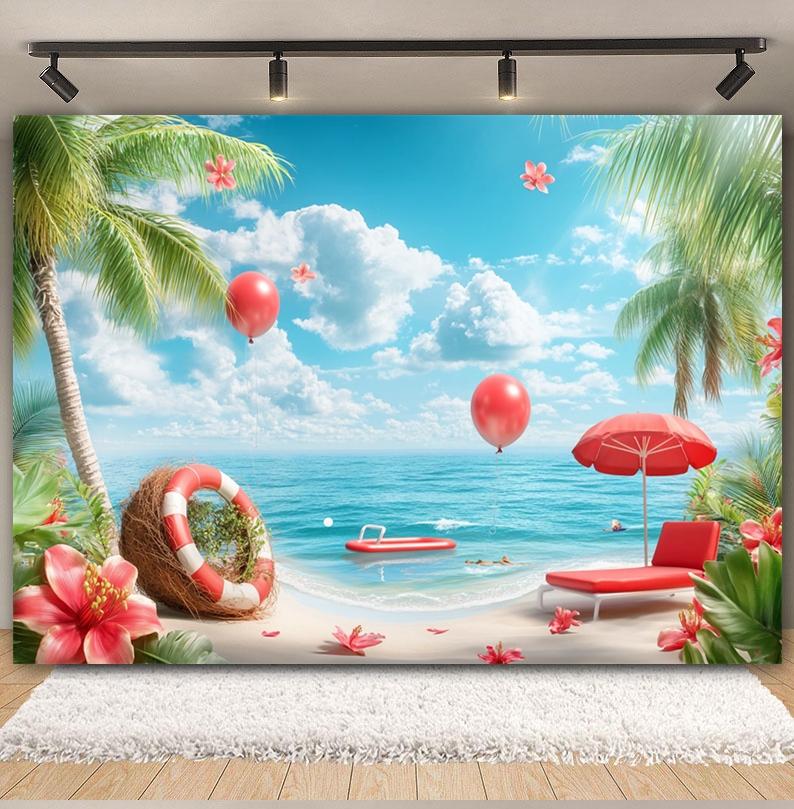Summer Beach Backdrop Hawaii Tropical Seaside Sunshine Blue Sky Palm Tree Baby Birthday Holiday Party Photography Background