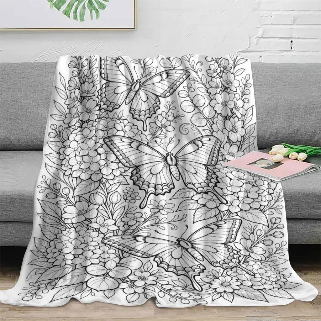Manta de Franela para Colorear Mariposas Florales, Suave y Amigable con la Piel, Manta Cálida para Adultos, DIY Relajación para Sofá, Dormitorio, Siesta