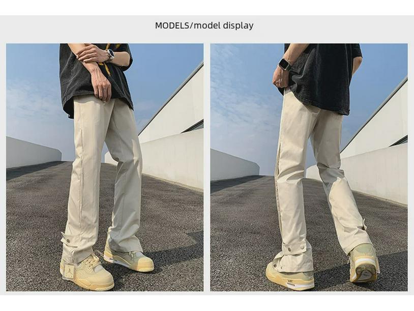 Pánské černé bojové kalhoty na knoflíky - Americký high street styl, Trendy pracovní oděv na jaro a podzim, Pěkný rozšířený design