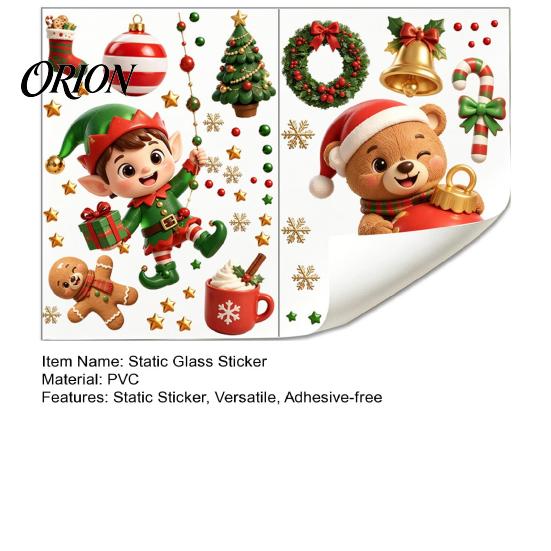 No Glue Window Decorations 2PCS Christmas Static Sticker, Cute Cartoon Elves And Bears Removable Festive Stickers Print, PVC Glass for Holiday