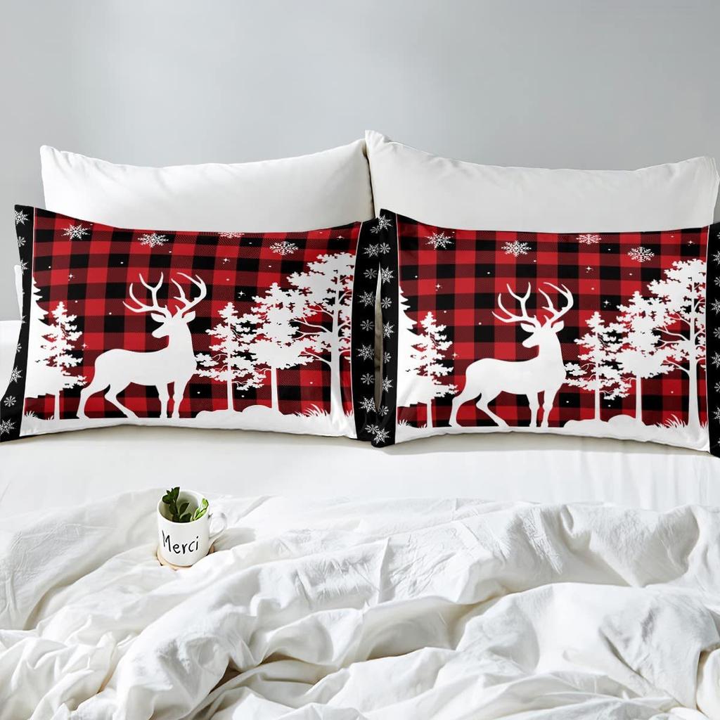 Red Plaid Elk Three-Piece Quilt Cover 3D Digital Printing Bedding Set Bed Cover