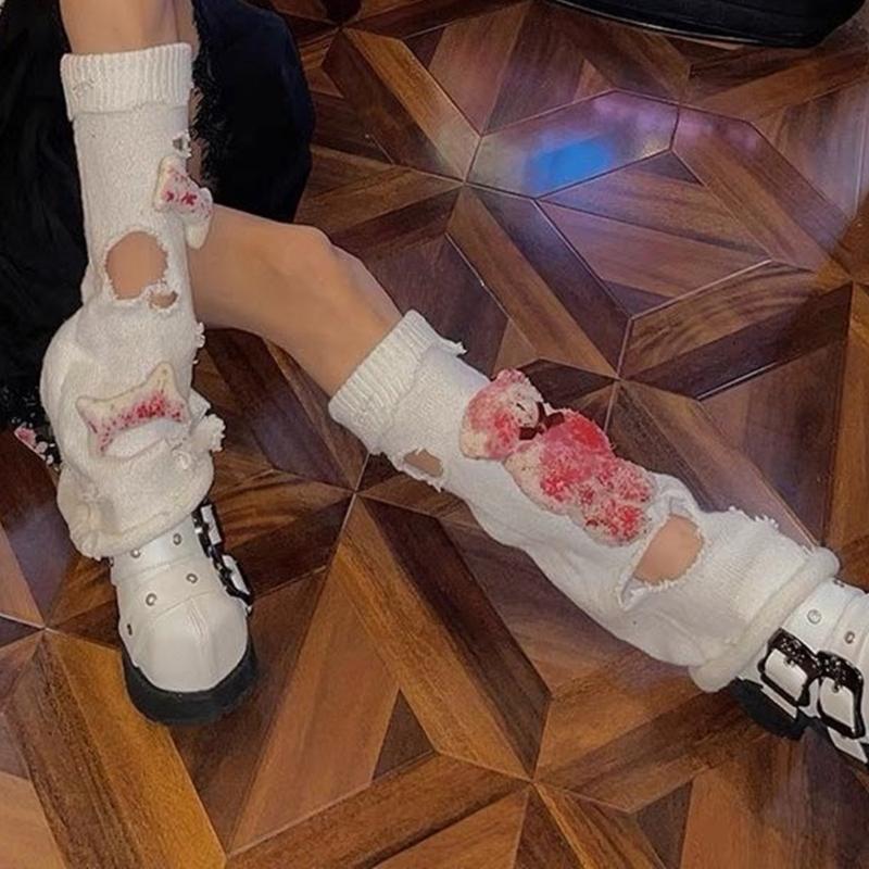 Aesthetic Vintage Ripped Hole Knitted Leg Warmer for Women Harajuku Streetwear Punk 3D Bloody Bear Leg Sleeve Cover
