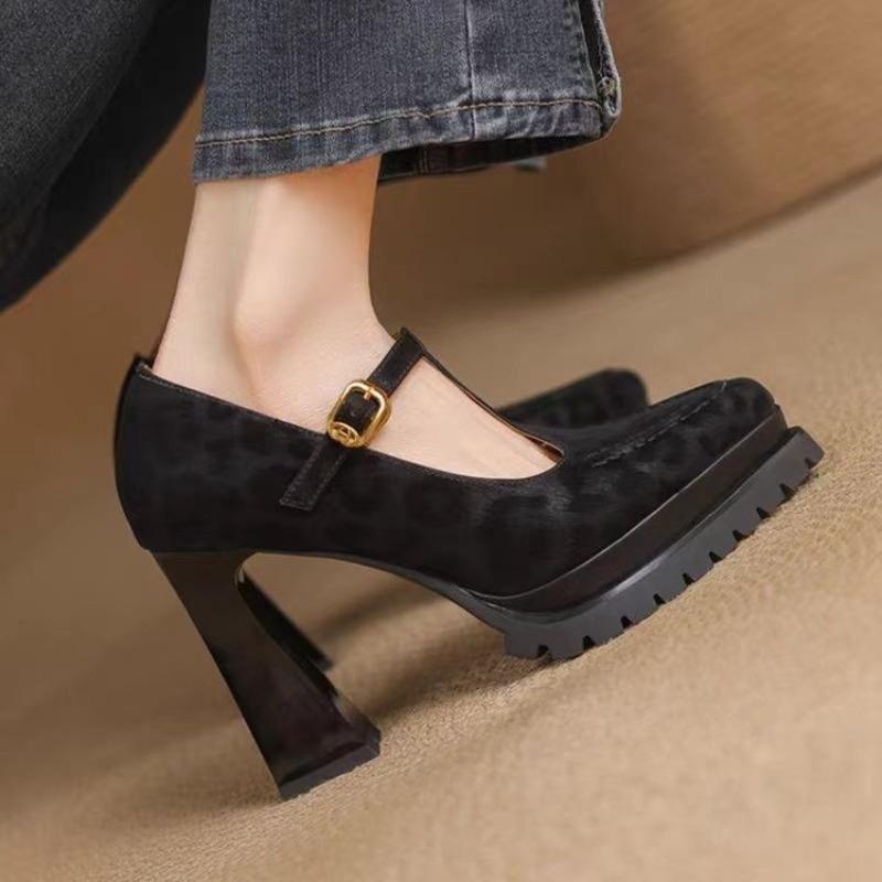 Fashion High-heeled Single Shoes Fashion New Pointed Toe Suede Slip Strap Platform Non-slip Block Heel Shoes