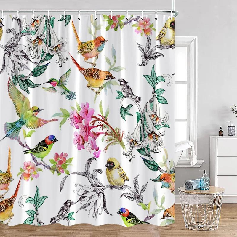 Pink Rose Floral Shower Curtains Rustic Flowers Green Leaves Modern Fabric Home Bathroom Decorative Bath Curtain Set With Hooks