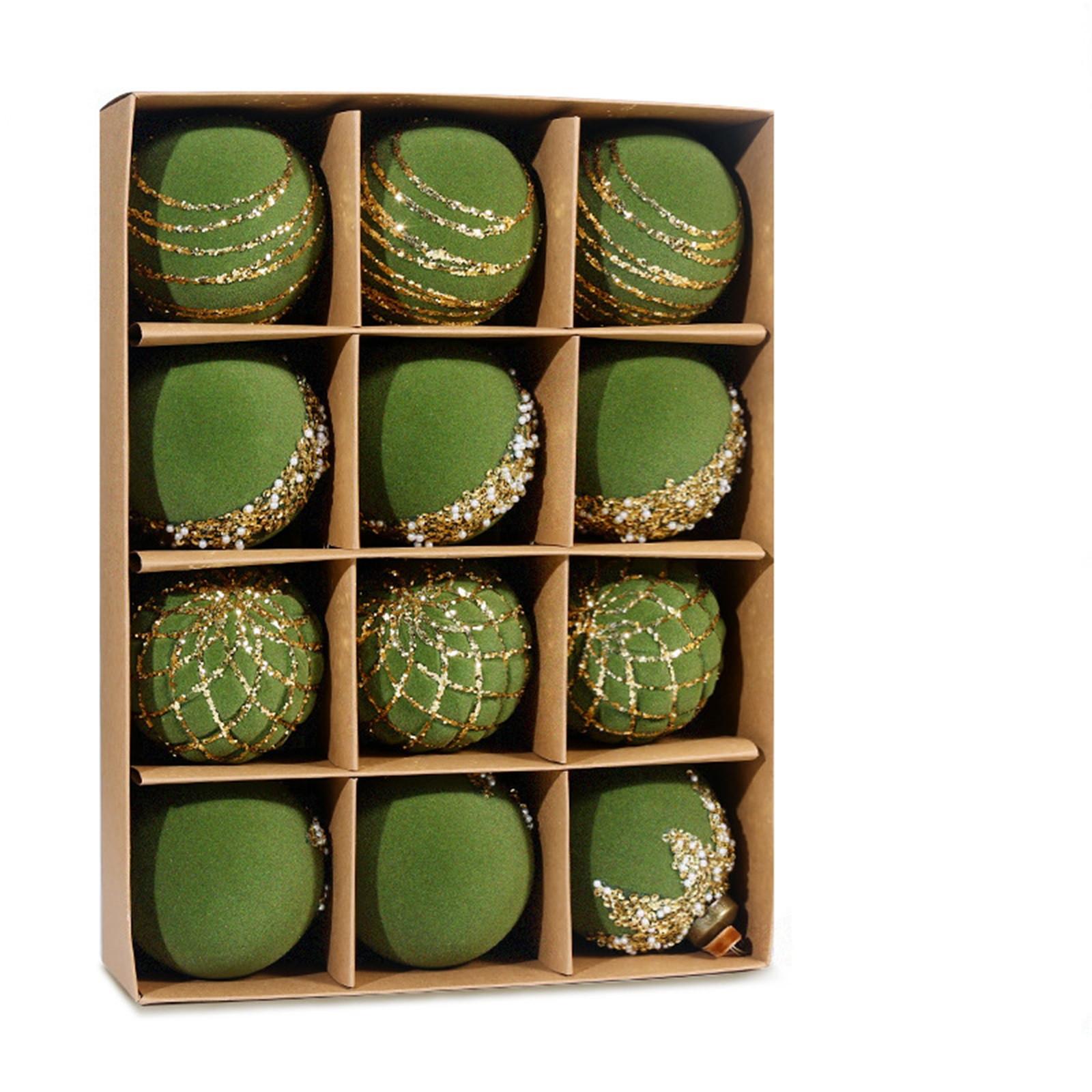 

Расписные пластиковые елочные декоративные подвесные украшения, 8 см 12 шт. Набор флокированных елочных шаров One Size