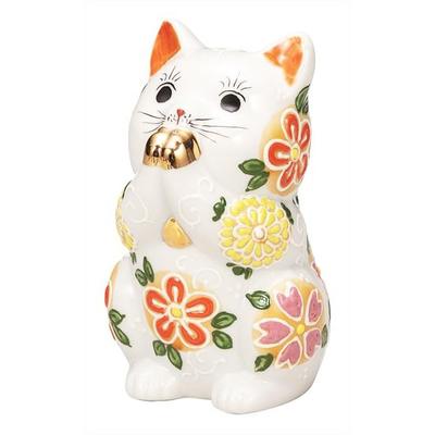 Kutani Yaki Iwataya Porcelain Praying Lucky Cat Figurine Hana Hana 3.8-Go K9-1605 Japanese Maneki Neko Statue Home Decor