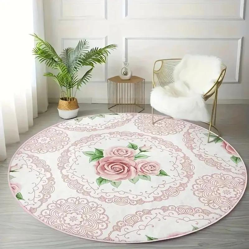 

VIKAMA Home Aesthetic Round Bedroom Bedside Pink Carpet Guest Room Princess Floral Floor Cushion Luxury Home Carpet Decoration 60cm x 60cm