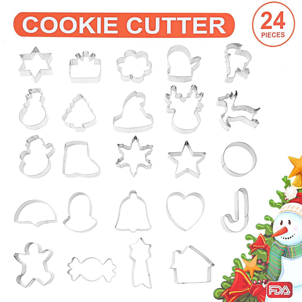 24-Piece Stainless Steel Christmas Cookie Cutters: Tree, Gingerbread Man, Snowflake, Mill