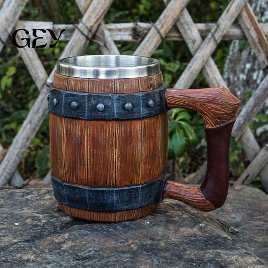 Rustic Wood Grain Beer Cup Barrel Mug, 600ml Stainless Steel Liner Stein, Insulated Mug Tankard for Pub Home Bar Party Gift