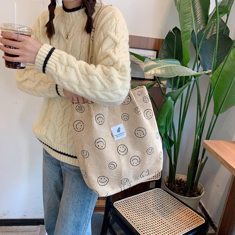 1 retro corduroy smiley face shoulder tote bag female student class canvas bag simple hand bag bag