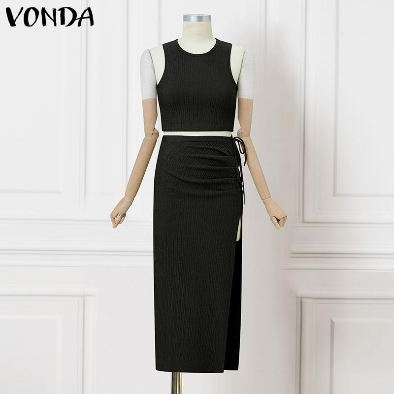 

VONDA Two Pieces Women Texture Sleeveless Crop Tops and Splits Skirt Sets 2XL чёрный