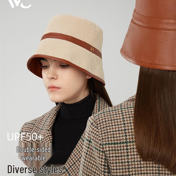 VVC Double-Sided European Style Women's Bucket Hat - Autumn/Winter Knit with PU Leather & Corduroy