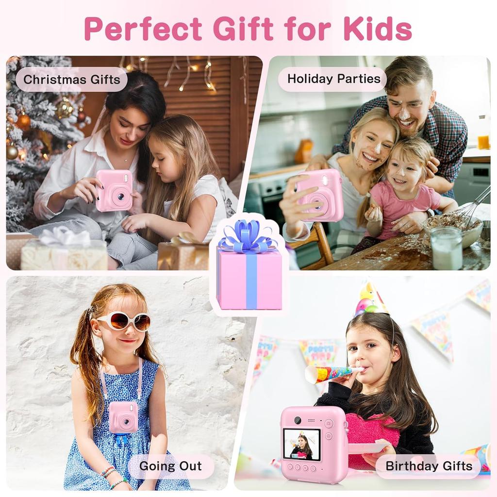 Kids Camera Instant Print, Dual-Lens 48MP Digital Camera for Christmas Birthday Gifts, 1080P Selfie Instant Cameras for Kids with 32GB Card, Instant