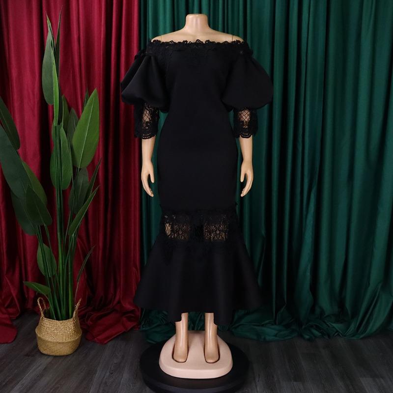 Women Sexy Lace Off Shoulder High Waist Mermaid Evening Party Midi Dress