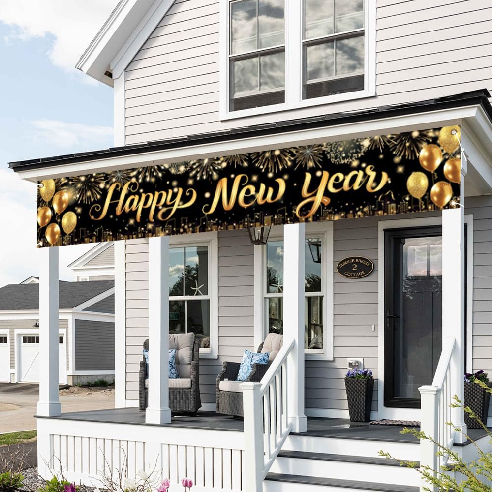 Happy New Year Banner, Large New Year Decorations Banner, 120x20 Inch New Year's Yard Sign Backdrop with Firework for Home 2026 Lunar New Years Eve