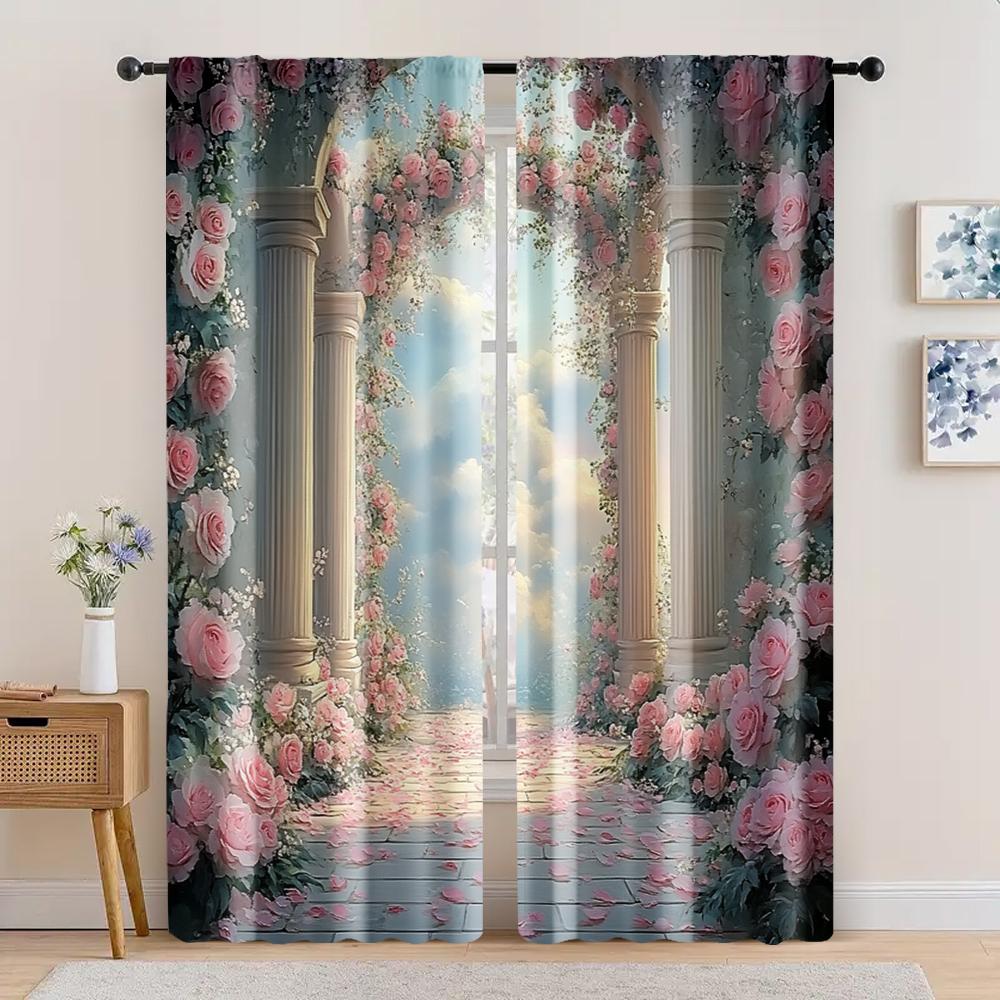 2pc,  Romantic Valentine's Day Party Window Curtains Fresh and colorful rose Versatile Fabric,Without Electricity Spring Party &
