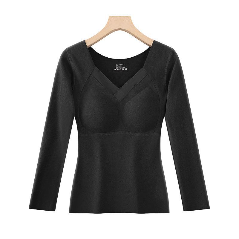 Women's Double-Sided Velvet Self-Heating Top with Fixed Cups, Thickened Waist, Long Sleeves - Warm Autumn Shirt.