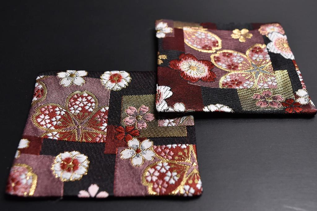 Perfect As a Boxed Set of 5 Gold Brocade Kimono Coasters Gift! Pre-wrapped, Japanese-style (Benisakura)