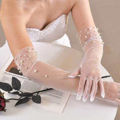 Vestido de Novia de Malla de Perlas Tul Guantes Largos para Cena Guantes Transparentes Accesorios de Fotografía de Viaje
