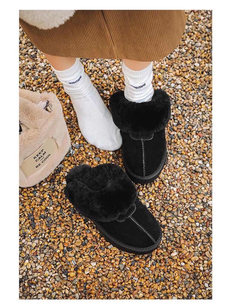 Women's Furry Leather Snow Boots - Thick Sole, Closed Toe, Non-Slip, Warm Slippers