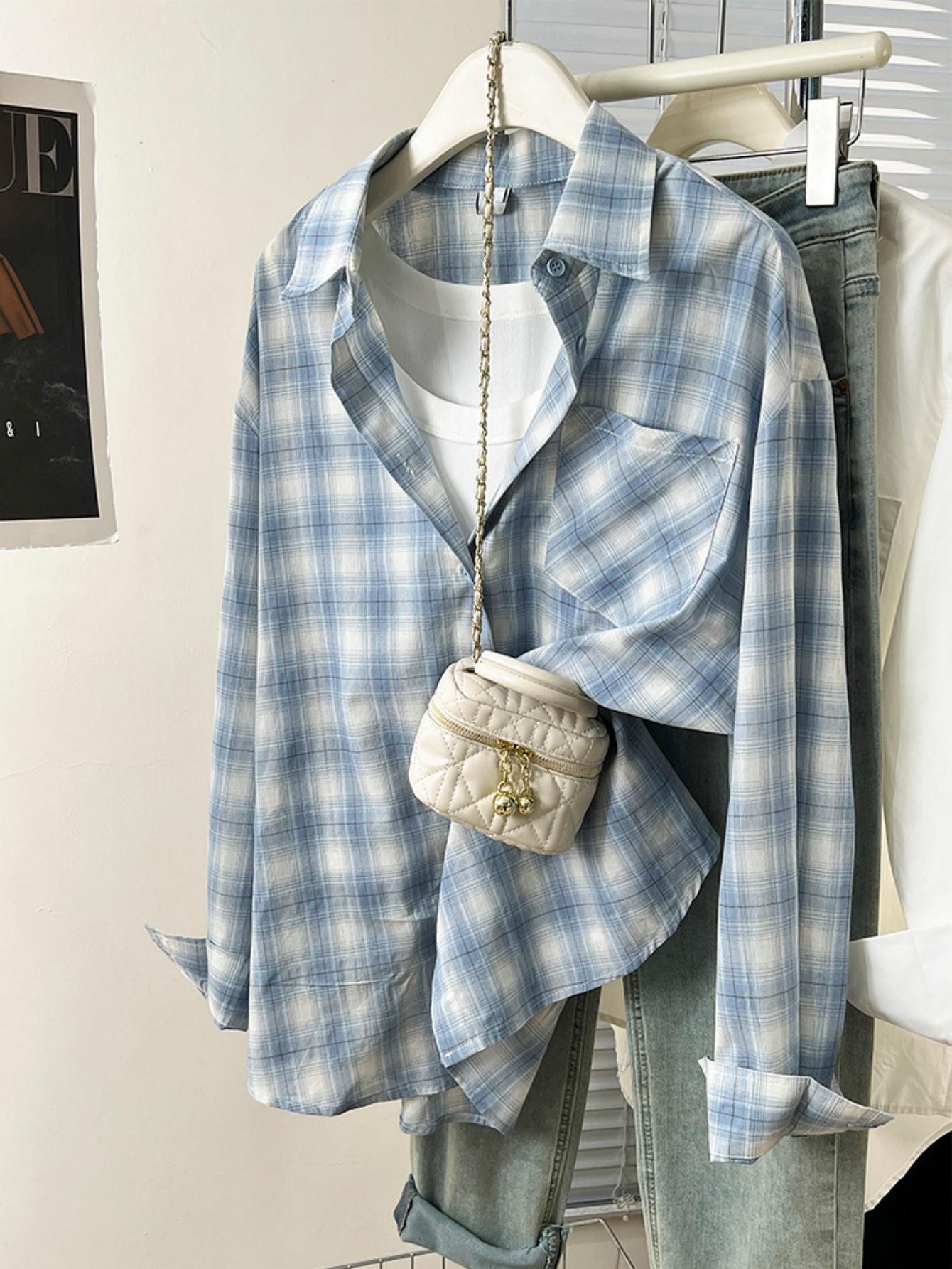 

Women s Blue & White Plaid Long Sleeve Retro Shirt - Loose, Layered Versatile Casual Top for Early Autumn XXL светло-синий