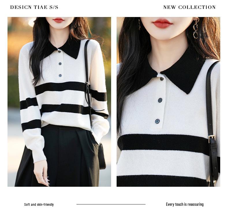 Autumn/Winter Women's 100% Wool Color Block Stripe Polo Sweater - Korean College Style Long Sleeve Knitwear
