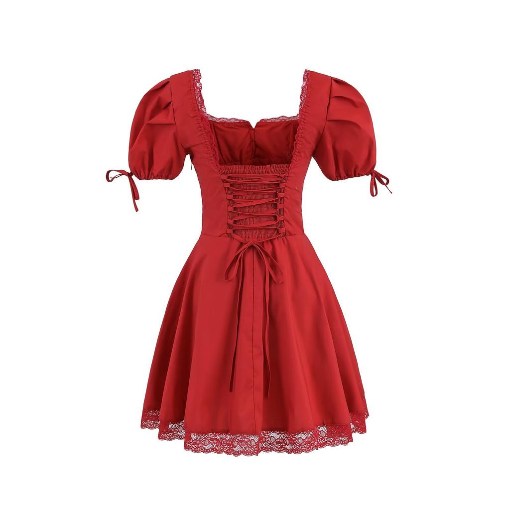 Spring and summer new European and American style vacation waist strap square neck lace splicing dress short skirt women
