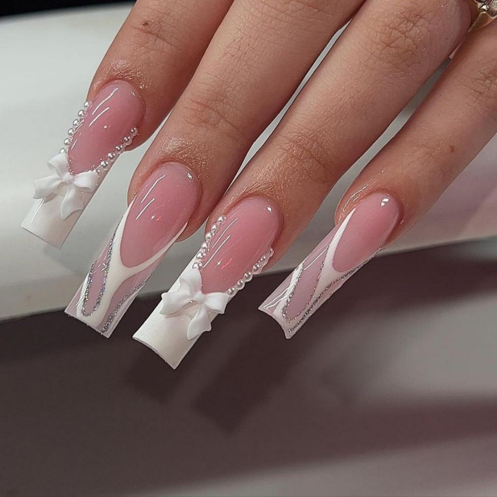 24Pcs Long French Fake Nails with Glue Ballet False Nails Butterfly Rhinestone Design Press On Nails Wearable Coffin Nail Tips