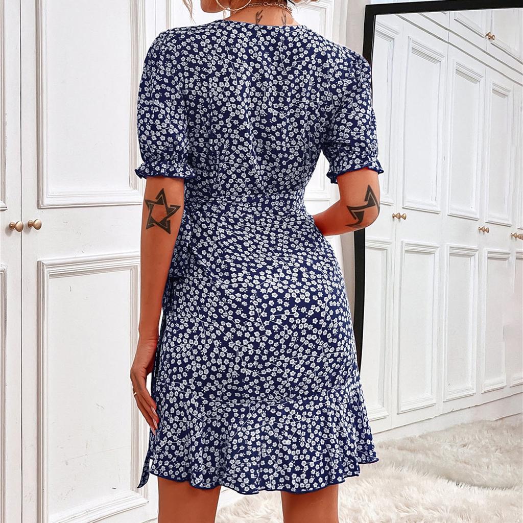 Women's Spring Summer Sexy V-Neck Floral Lace-Up Dress Casual Short Skirt